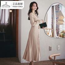 South Korea direct mail milkcocoa high-end light luxury V neck long sleeve belt pleated dress waist 2020 new autumn