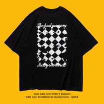 AWE GOD summer new checkerboard grid printing street T-shirt Guochao original men and women couple short-sleeved T-shirt