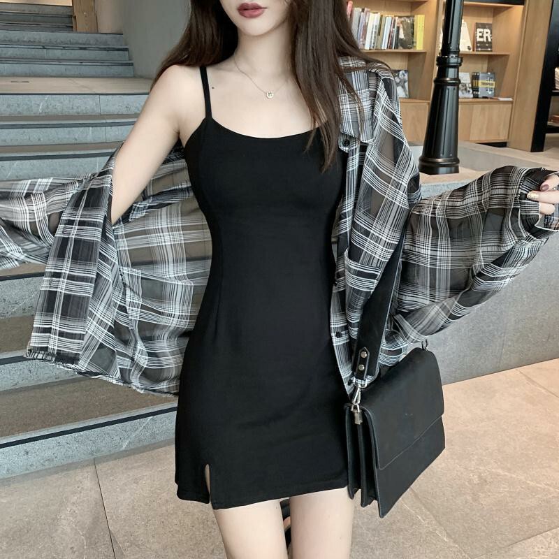 2021 Spring and Autumn Black Slip Dress Little Black Dress for Women New Slim Fit Slimming Small Slit Sexy Dress for Women