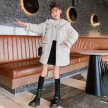 Girls lamb coat 2021 new foreign-style childrens cotton-padded medium-length childrens lamb velvet autumn and winter clothes