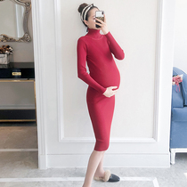 Pregnant womens knitted dress autumn and winter tight turtleneck bottoming shirt fashion mid-length thin pregnant mother tide sweater