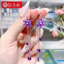 Yushangfu crystal flower earrings s925 Sterling Silver anti-lost long tassel thread temperament Joker summer Earring Girl