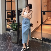 Denim skirt womens mid-length 2021 summer new high waist thin French retro sexy split hip skirt