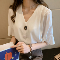 Large size shirt female design sense niche summer thin 2020 New loose short sleeve V-neck chiffon shirt top