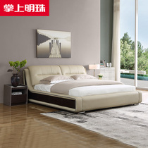 Palm pearl 1 5m 1 8m leather headboard layer cowhide double bed mattress Small yellow cowhide solid wood frame soft bed