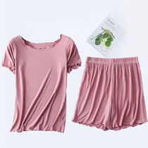 Korean home clothing womens wooden ear casual large size short sleeve shorts set modal pajamas thread Joker ins