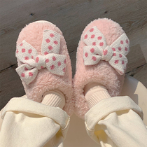 Girls heart bow all-inclusive with warm plush shoes women winter non-slip indoor home soft bottom household cotton slippers