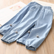 Korean girls jeans casual pants 2021 summer new childrens clothing anti-mosquito pants baby children bunny pants