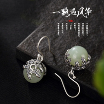 S925 pure silver natural and field jade white jade round pearl hand inlaid retro hollowed-out carved female earrings earrings earrings