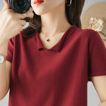 Turn-over-knitted sweatshirt woman short sleeve loose with thin summer slim 2022 new 100 hitch big code V collar blouses