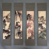 Retro antique Chinese painting old silk cloth framed quadruple mural hand-painted calligraphy and painting has been framed painting high mountains and flowing water