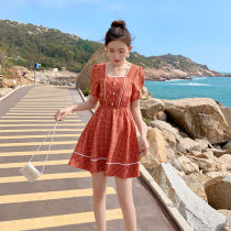  2021 summer new slim waist sweet temperament cute little short-sleeved dress fashion plaid short skirt