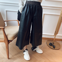 Xixi Women Europe Station 2020 Autumn New Joker waist drawstring skinny Capri pants wide leg pants leather pants