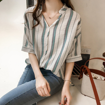 Summer Short Sleeve Women Fat mm Slim Striped Top base shirt Size 200 Jin Loose V Collar Casual T-Shirt Tide