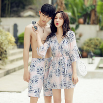 Couple swimsuit womens three-piece cover belly thin blouse sunscreen small chest gathered sexy bikini hot spring couple outfit