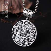 Eight Precious Silver Smith S990 Foot Silver Peony Flowers Pendant South Korea Retro Remote Lady Sweater Chain Pure Silver Hollowed-out Pendant