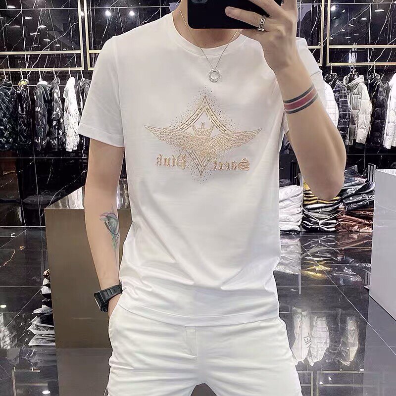 European Station 2021 Summer Round Neck Hot Diamond Slim Cotton Short Sleeve Men's T-shirt Personality Elastic Tide Brand Breathable Tide