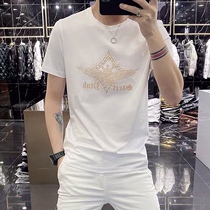 European Station 2021 Summer Round Neck Hot Diamond Slim Cotton Short Sleeve Mens T-shirt Personality Elastic Tide Brand Breathable Tide