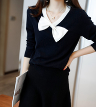 Japanese V-neck knitwear bow long sleeve commuter solid color top sweater loose soft glutinous tenderness