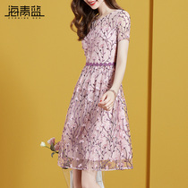 2022 Haiqing blue short-sleeved dress womens summer fashion embroidered lace mid-length skirt with waist and thin temperament skirt