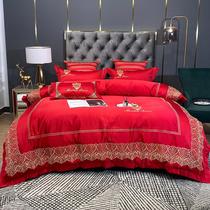  ALEX Big red washed silk wedding bedding Wedding four-piece set Festive wedding quilt cover Embroidery bedding