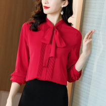 Red bow professional shirt womens long-sleeved spring new chiffon top temperament with hanging streamers white shirt