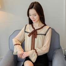 2021 spring new temperament womens long-sleeved slim Korean version of the shirt lace-up ear edge chiffon sleeve trumpet wild top