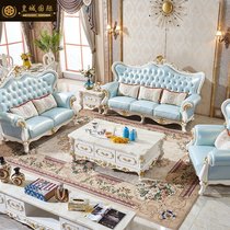 European - style leather solid wood sofa 123 combined large household villa living room depicting wooden wood carved flowers