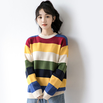 South Korea 2021 autumn and winter New rainbow striped sweater women loose Joker wear long sleeve color wool sweater tide
