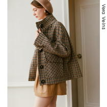 Contrast color plaid wool woolen coat spring new small woman loose thin retro short woolen coat