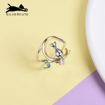 Cute Silver Moon Cat 925 Pure Silver Ring Female Summer Niche Design Sense Adjustable Opening Ring Fashion Personality Ring