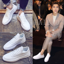 Summer small white shoes mens Korean version 100 hitch ride trendy breathable genuine leather lace Nets heightening low helps mens casual board shoes