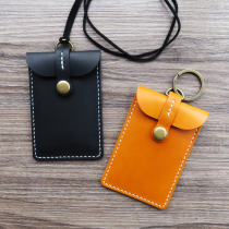 Handmade leather card bag Halter neck Vintage cowhide bus ID card bag thin mens and womens cards contain lanyard