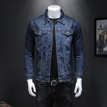 European and American retro casual tooling denim jacket Mens slim short dark blue denim cotton jacket youth