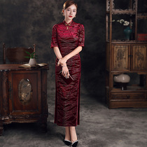 Participate in the wedding mothers cheongsam wedding banquet autumn improved large size high-end Noble wine red mother-in-law dress skirt