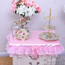 Pink double lace lace cake layer glossy satin dustproof tablecloth bedside table cloth can be customized