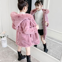 Korean girl sweater long plus velvet thickened childrens foreign style Korean fur coat autumn and winter girl coat