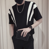 Black And White Striped T-Shirt Male Splicing Collision Color Summer Short Sleeve Mens Body Small Neckline Tide Sign Trendy Dark Black Ensemble Mens Clothing