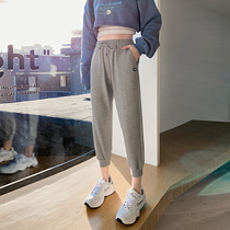 Grey sports pants female pure cotton loose bunches for spring and autumn high waist display slim 100 lap little subharynga suede 80% pants