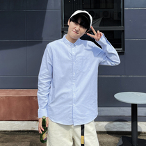 Kamak full cotton shirt handsome T small code mens length sleeves pure cotton Japanese ensemble casual trendy blue vertical stripes XS lining clothes