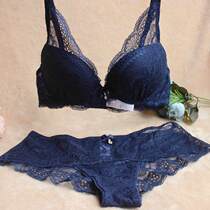Xiaofen bra suit women gather sexy small chest show big top thin bottom thick blue lace detachable shoulder strap underwear