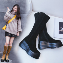 High boots women's thick bottom 2021 autumn and winter leather side zipper sponge boots European and American high-heeled Martins knight boots