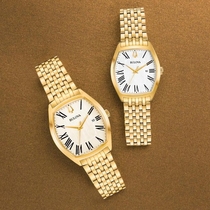 American Bulova Po Luohua 97M116 golden wine barrel-like Roman digital male and female couple watches