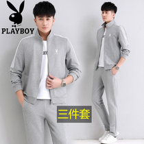 Playboy sports suit mens spring and autumn new casual trend mens sweater youth outdoor running three-piece suit