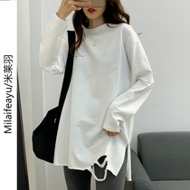 T-shirt womens spring and autumn models The new Korean version 100 hitch loose with long sleeves Thin Open Fork blouses