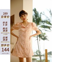 MICHELLLY MO retro satin finish dress French style high waist mercery high level sensation bubble sleeves Short dresses