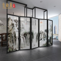 Chinese screen folding screen partition living room study Hotel solid wood semi-transparent gauze landscape folding screen running water to make money