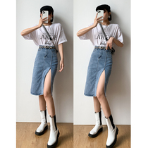 South Koreas new denim semi-body dress Women in the middle of summer High waist display slim wrap hip skirt open fork one step skirt tide