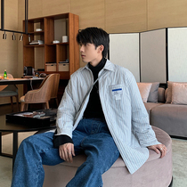 Hualun winter Harbor style Japanese striped gas shirt mens long sleeves jacket thick Korean version trend handsome shirt jacket
