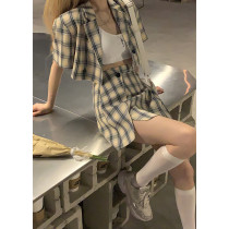 DREAM SEVEN77 plaid suit woman 2021 Summer new short suit jacket half dress two-piece set